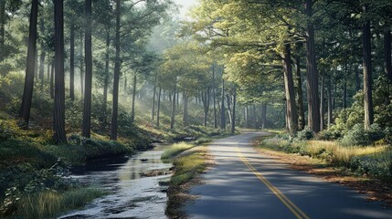 Obraz premium The asphalt road is lined with tall trees and a fast flowing river flows beside it, background wallpaper AI generated image