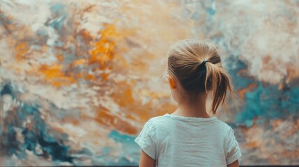 Young child admires abstract artwork in a vibrant gallery setting during an art exhibition