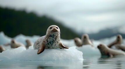 Fototapeta premium A pod of playful curious seals resting peacefully on a pristine ivory white ice floe in the remote Arctic landscape