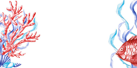 Rectangular frame with corals and fish on the sea theme. Isolated watercolor illustration, blank for a postcard, for designing invitations to a sea holiday, birthday.