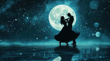 Silhouetted couple dancing romantically under a large moon and starry night sky reflected on water.