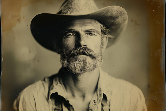 Antique tintype photograph of a gold miner from the 1900s, wearing a hat, black and white, old, retro