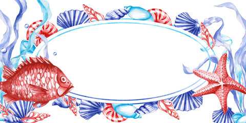 Obraz premium Oval frame with fish and starfish on the sea theme. Isolated watercolor illustration, blank for a postcard, for designing invitations to a sea holiday, birthday.