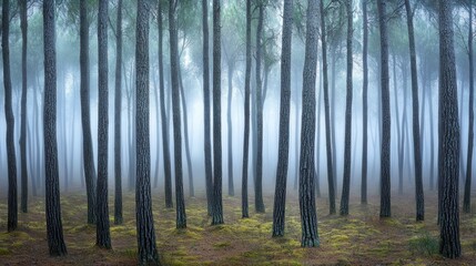 Obraz premium A misty pine forest where the entire ground is covered with a thick layer of green moss, background wallpaper AI generated image