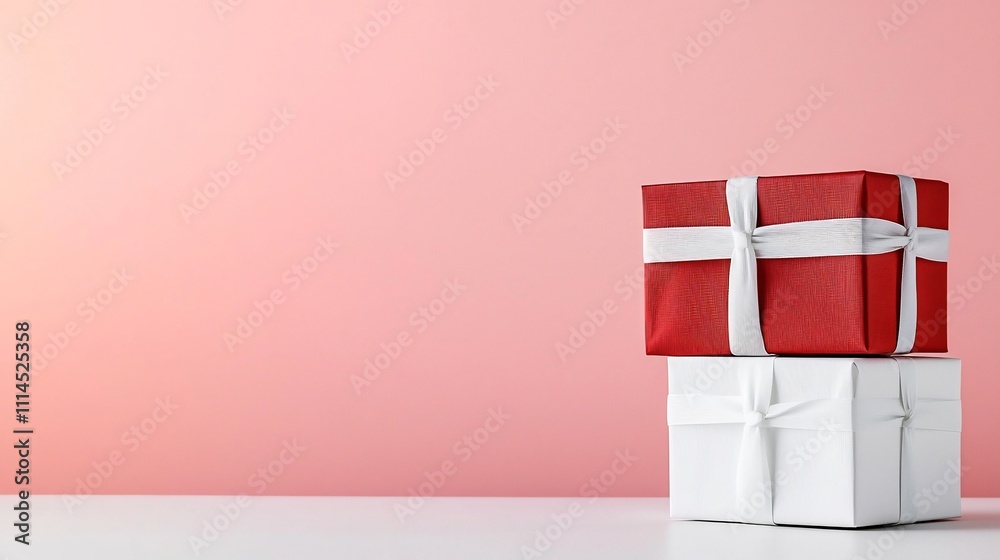 Poster two stacked gift boxes one red and one white both tied with simple ribbons placed on a clean white s