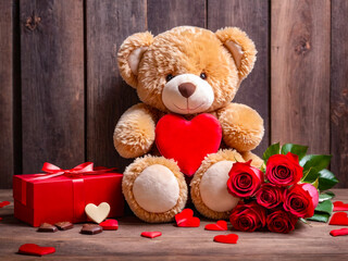 Obraz premium Romantic Valentine's Day Teddy Bear, Roses, and Chocolate Gift