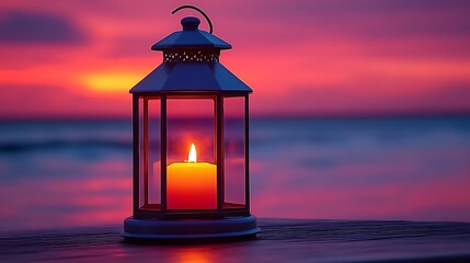 Lit Lantern at Sunset Over Ocean Waves