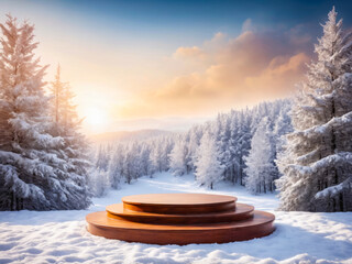 Wooden Platform in Snowy Winter Forest at Sunrise