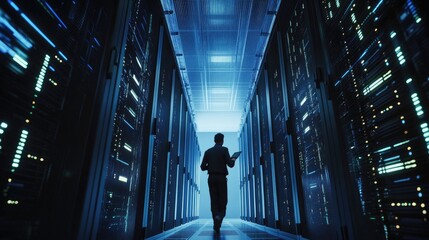 Silhouette of a technician walking through a high-tech data center, illuminated by blue lights.