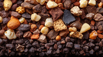 Natural stones and various seeds create rich, textured background, showcasing earthy tones and diverse shapes. This composition evokes sense of nature beauty and variety