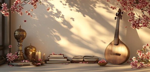 Vasant Panchami background with a traditional music instrument