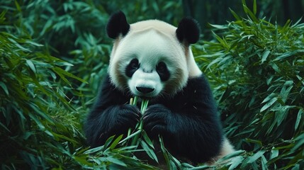 Fototapeta premium Panda Enjoying a Bamboo Feast in Lush Greenery