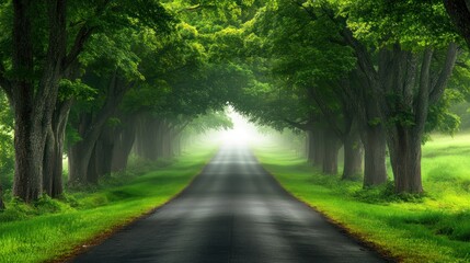 Obraz premium A perfectly straight asphalt road stretches out surrounded by towering green trees, background wallpaper AI generated image