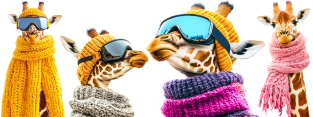 funny winter wild animals isolated over white (transparent) background: giraffe in a scarf and as a snowboarder; few version; perfect 4 humorous advertising ski learning, children winter courses