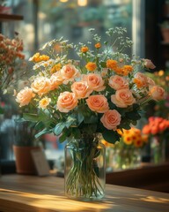 Fototapeta premium Elegant bouquet of pink roses and yellow flowers in sunlit florist shop interior