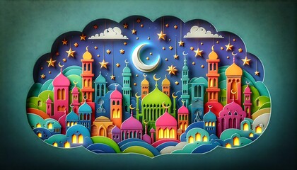 Obraz premium Colorful Cityscape Under a Night Sky with Crescent Moon