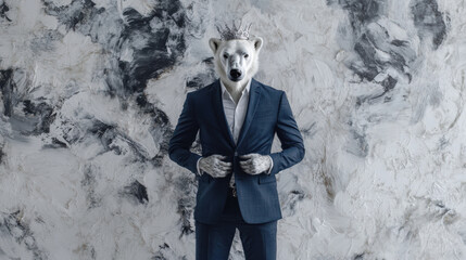 Majestic Polar Bear Wearing Suit and Crown Against Artistic Abstract Background, Symbolizing...