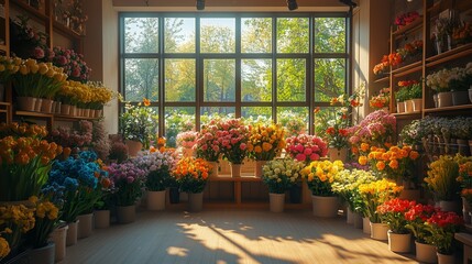 Obraz premium Sunlit flower shop with vibrant blooms in natural light
