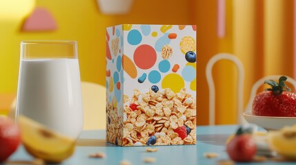 Cereal box and milk with vibrant background and fresh fruits on a colorful table setting
