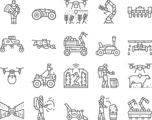 robot harvests automation icons set vector. agriculture technology, innovation efficiency, sustainability precision, ai robot harvests automation black contour illustrations