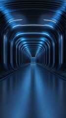 A futuristic tunnel illuminated by blue lights, creating a sleek, modern atmosphere that evokes a sense of depth and mystery.