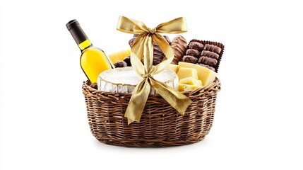 Minimalistic Photograph of Neatly Arranged New Year s Gift Basket Featuring Gourmet Items Like Wine Cheese and Chocolates in Natural Wicker Basket Tied with Gold Ribbon