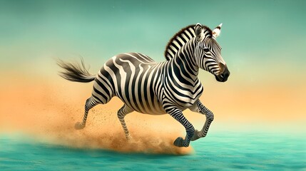 Powerful zebra galloping through a vibrant turquoise field with an impressionistic post impressionist era painting style  The zebra s muscular legs propel it forward