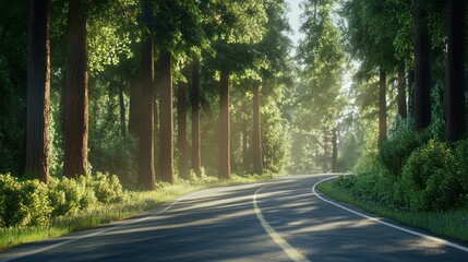 Fototapeta premium The smooth asphalt road winds through a dense forest of tall green trees background wallpaper AI generated image