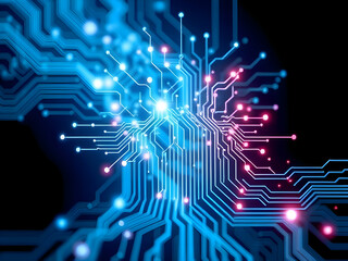 Futuristic Blue Circuit Board with Glowing Lights and Connections AI Image
