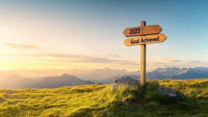 Obraz premium 2025 Goal Setting concept. Signpost indicating achieved goals in a scenic landscape.