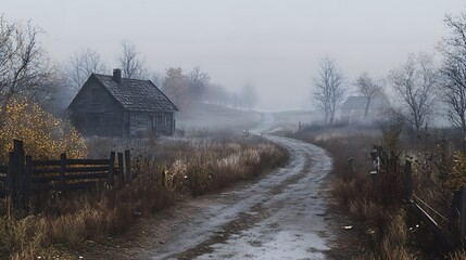 Misty path leads to a quaint cottage surrounded by lush greenery on a foggy day