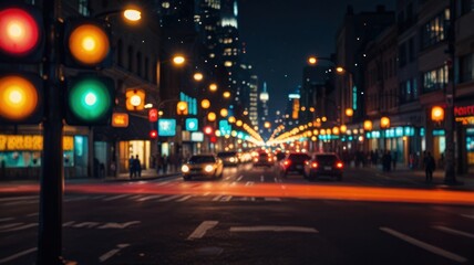 Night city street, blurred lights, traffic.