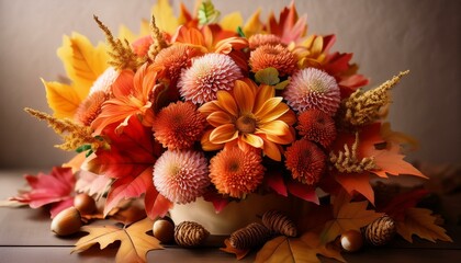 Fototapeta premium bouquet with orange and red leaves, chrysanthemums, acorns, and other fall flowers, set against a soft, neutral background.age
