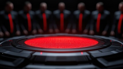A dark, futuristic scene featuring shadowy figures in suits around a glowing red circular surface, evoking mystery and intrigue.
