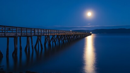Obraz premium Moonlit Pier Extending Over Tranquil Waters At Night