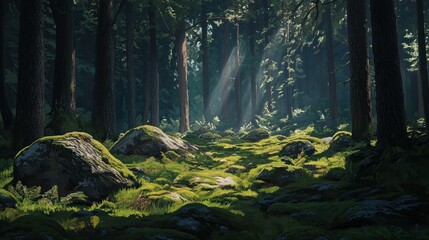 Fototapeta premium A pine forest with large rocks covered in moss spread across the ground, background wallpaper AI generated image