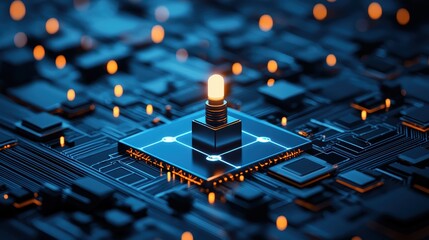 A glowing light bulb sits atop a circuit board, symbolizing innovation and technology in a vibrant digital landscape.