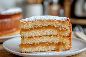 Slice of sponge cake layered with dulce de leche, topped with a light dusting of powdered sugar. 