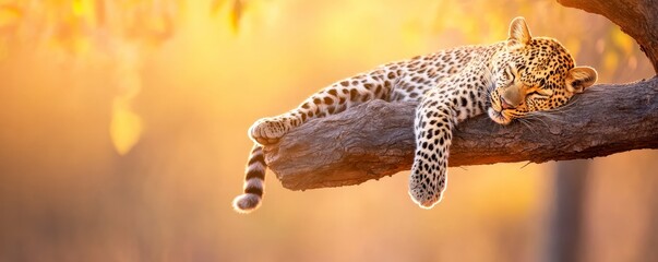 A leopard lounges on a tree branch, basking in the warm glow of sunset, showcasing its distinctive spots and relaxed demeanor.