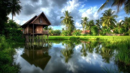 Obraz premium Tranquil Stilt House Beside Serene Rice Paddy Water