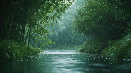 Obraz premium Light rain falls over a vibrant bamboo forest, with a rushing river flowing across the landscape, background wallpaper AI generated image