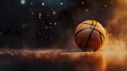 Fototapeta premium A detailed illustration of a basketball bouncing on the court, with dust particles rising around it.