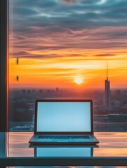 Fototapeta premium A laptop on a sleek metal desk in an urban apartment, with floor-to-ceiling windows showcasing a skyline view at sunset.
