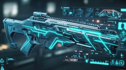Fototapeta premium A sleek plasma gun with glowing blue energy lines is displayed on the holographic weapon adjustment screen, background wallpaper AI generated image