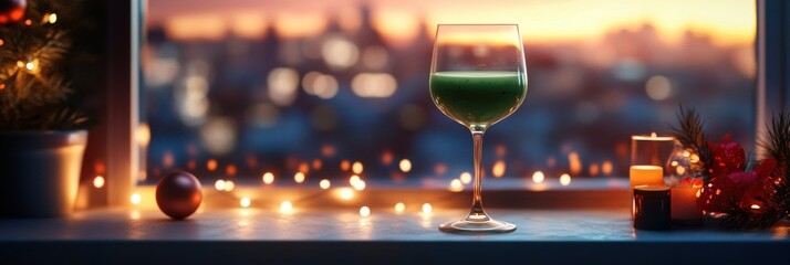 Festive Green Smoothie in Wine Glass. Non-alcoholic month. Dry January is public health campaign