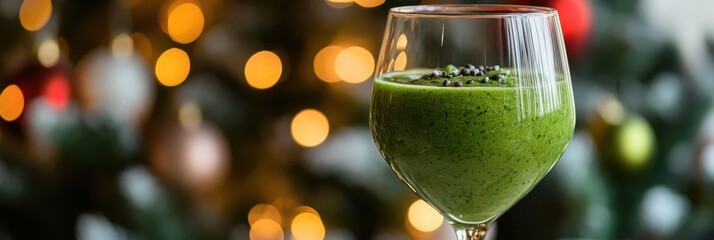 Festive Green Smoothie in Wine Glass. Non-alcoholic month. Dry January is public health campaign