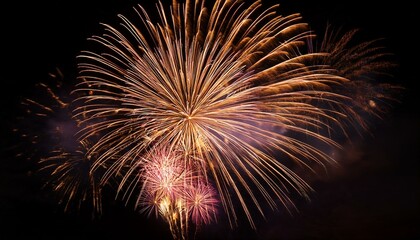 Obraz premium A vibrant display of fireworks exploding in the night sky, showcasing bright golden and red hues with dynamic trails and sparks. The dark background emphasizes the vivid colors and festive energy of t