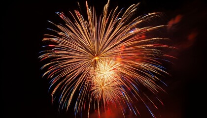 Obraz premium A vibrant display of fireworks exploding in the night sky, showcasing bright golden and red hues with dynamic trails and sparks. The dark background emphasizes the vivid colors and festive energy of t