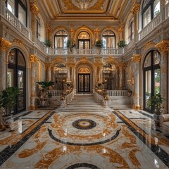 Obraz premium A grand, opulent entryway featuring luxurious marble floors and ornate architectural details.