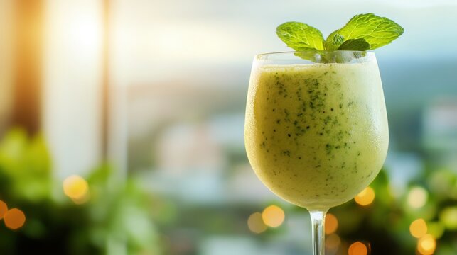 Fresh Green Smoothie in Elegant Glass with Mint and Lime. Non-alcoholic month. Dry January is public health campaign
